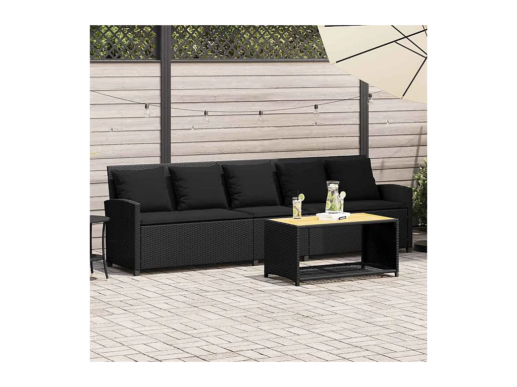 Gartensofa 5-Sitzer mit Kissen Schwarz Poly Rattan