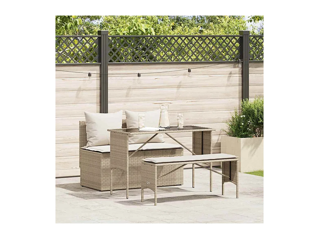 Ensemble à manger de jardin et coussins 3 pcs Beige poly rotin