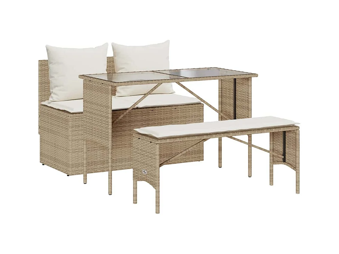 Ensemble à manger de jardin et coussins 3 pcs Beige poly rotin