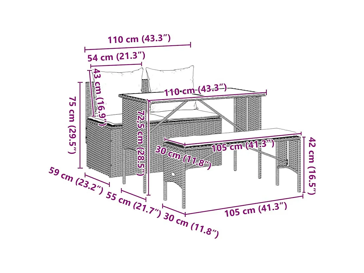 Ensemble à manger de jardin et coussins 3 pcs Beige poly rotin