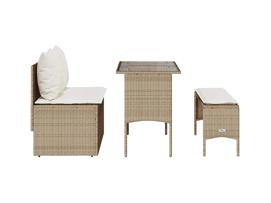 Ensemble à manger de jardin et coussins 3 pcs Beige poly rotin