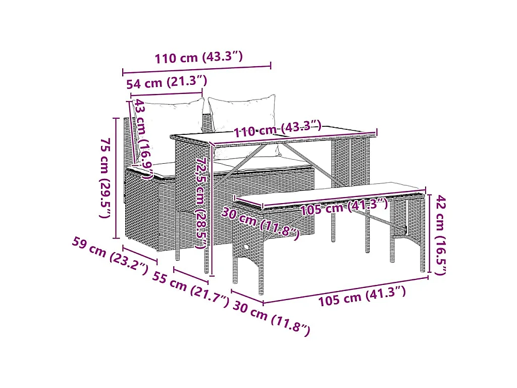 3-delige Tuinset met kussens poly rattan zwart