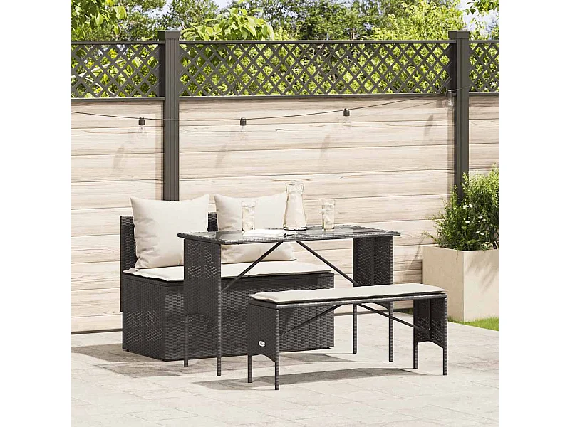 3-tlg. Garten-Essgruppe mit Kissen Schwarz Poly Rattan