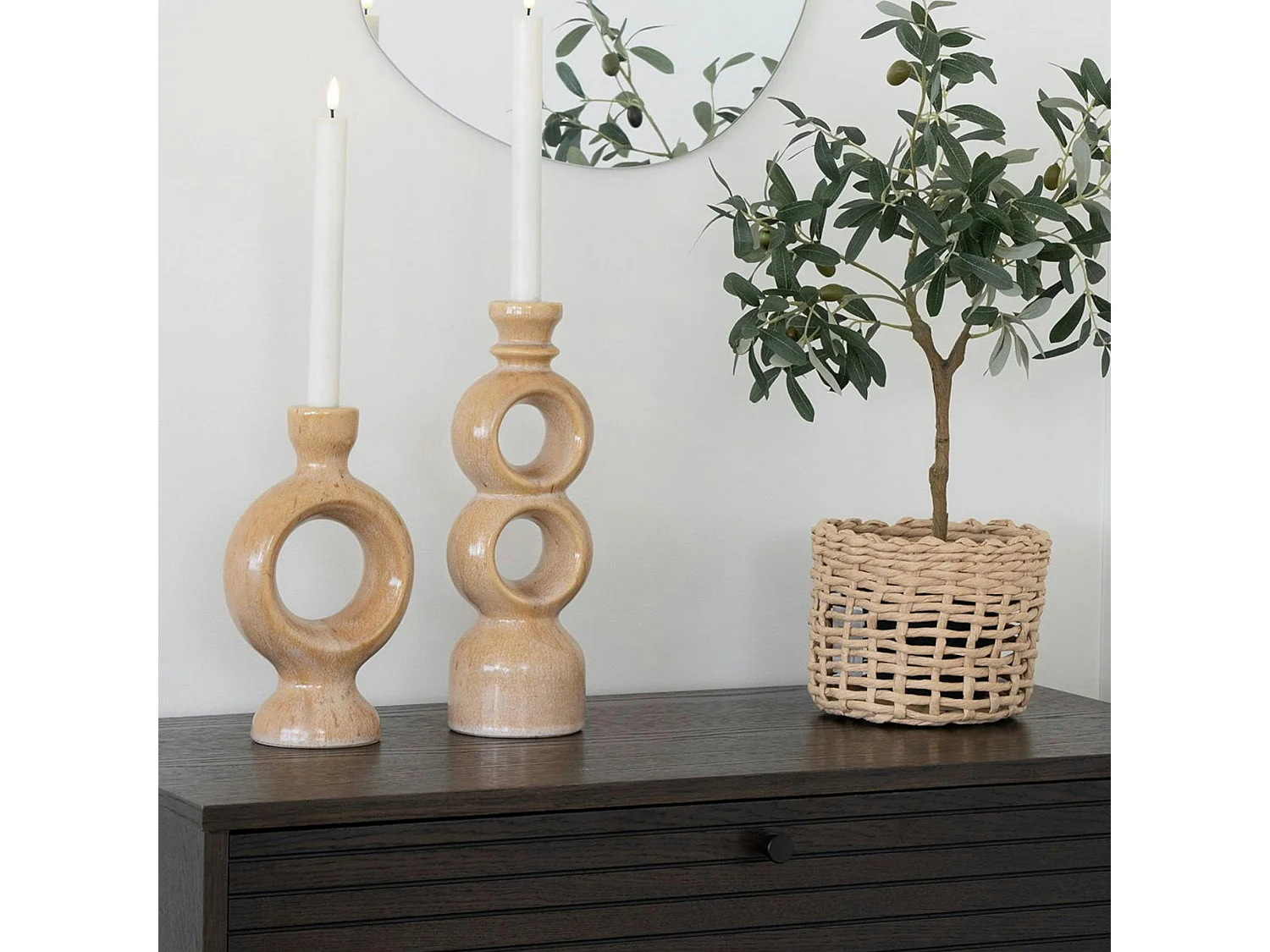 Bougeoir déco en céramique - 2 anneaux, finition beige brun