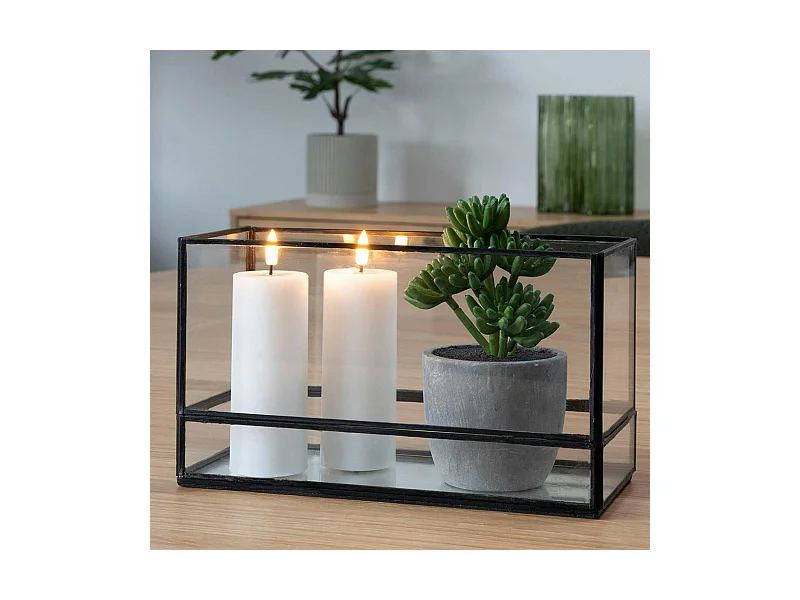 Lanterne bougeoir en verre/métal noir - forme rectangulaire