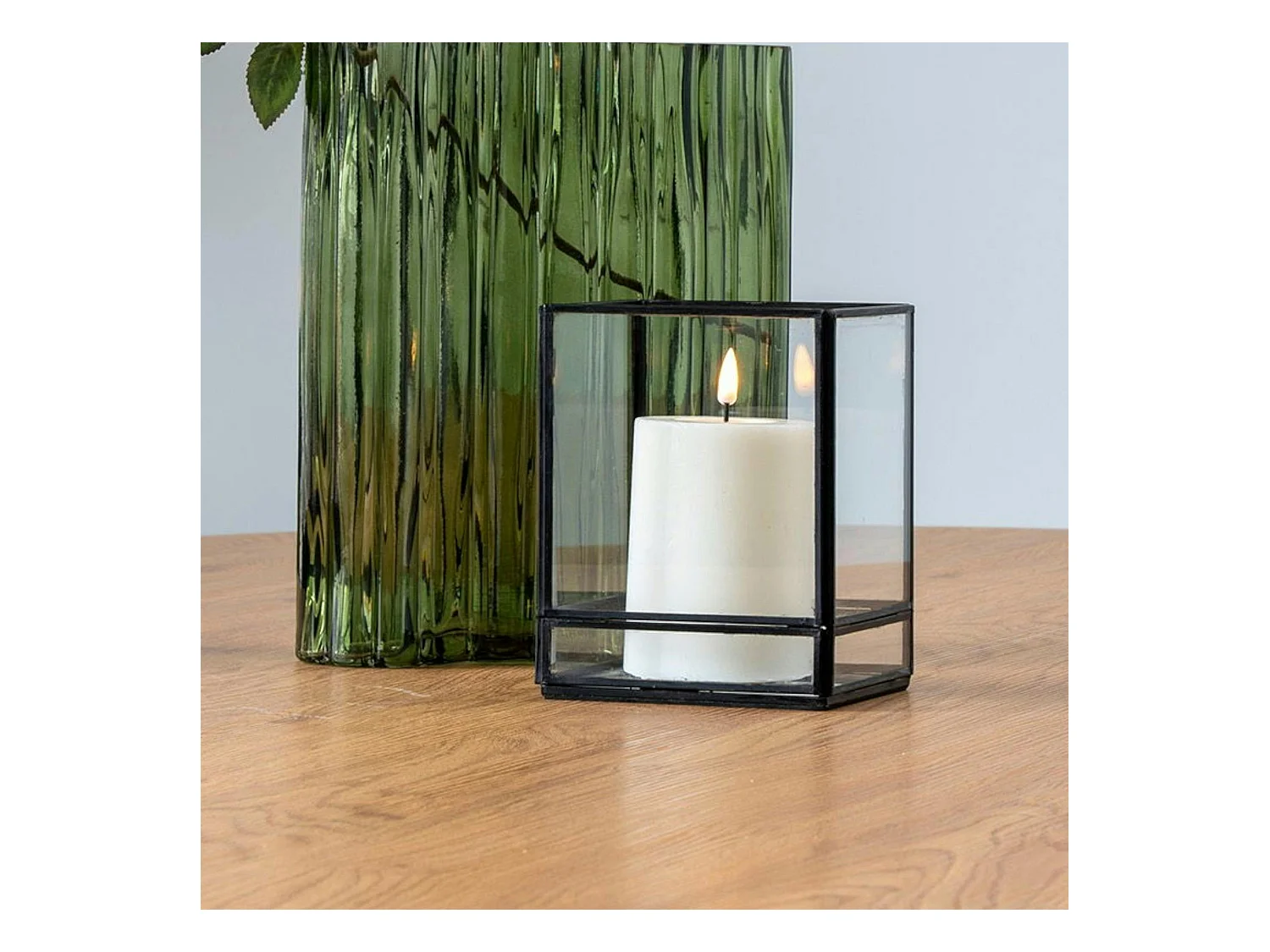 Lanterne photophore verre et métal noir - style minimaliste, forme cube