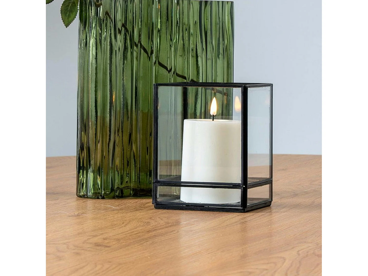 Lanterne photophore verre et métal noir - style minimaliste, forme cube