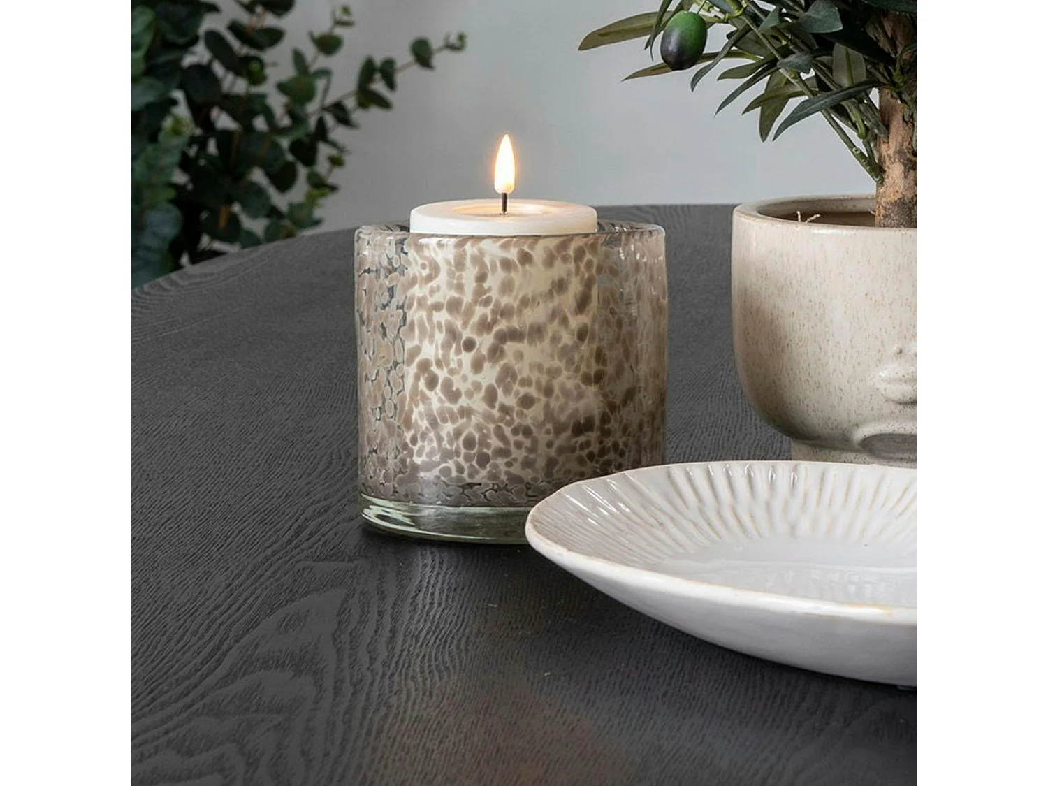 Bougeoir rond en verre moucheté brun