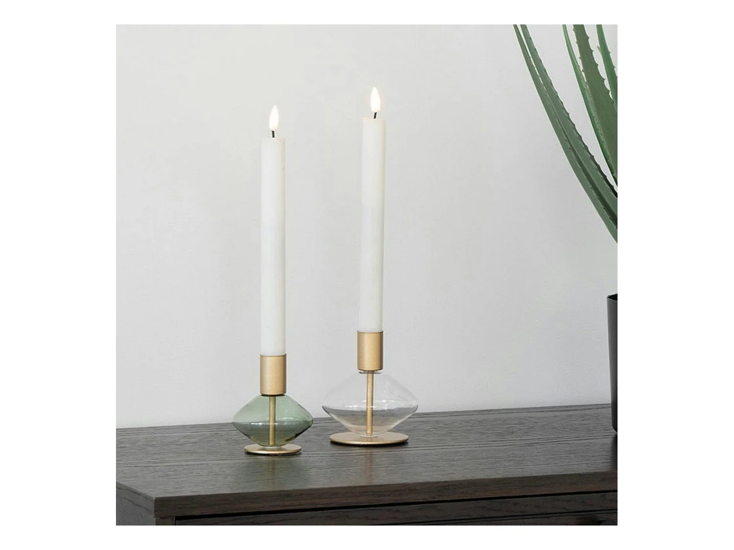 Bougeoir en verre et métal doré (lot de 2) - design arrondi, transparent/vert