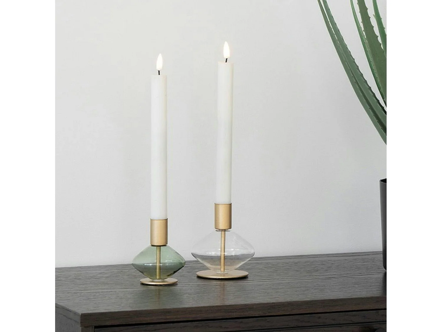 Bougeoir en verre et métal doré (lot de 2) - design arrondi, transparent/vert