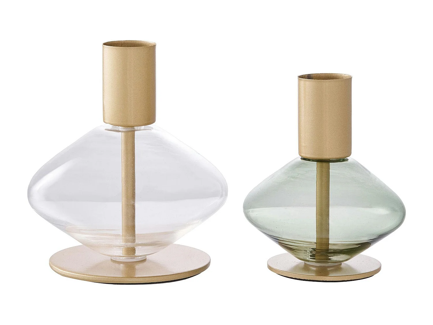 Bougeoir en verre et métal doré (lot de 2) - design arrondi, transparent/vert