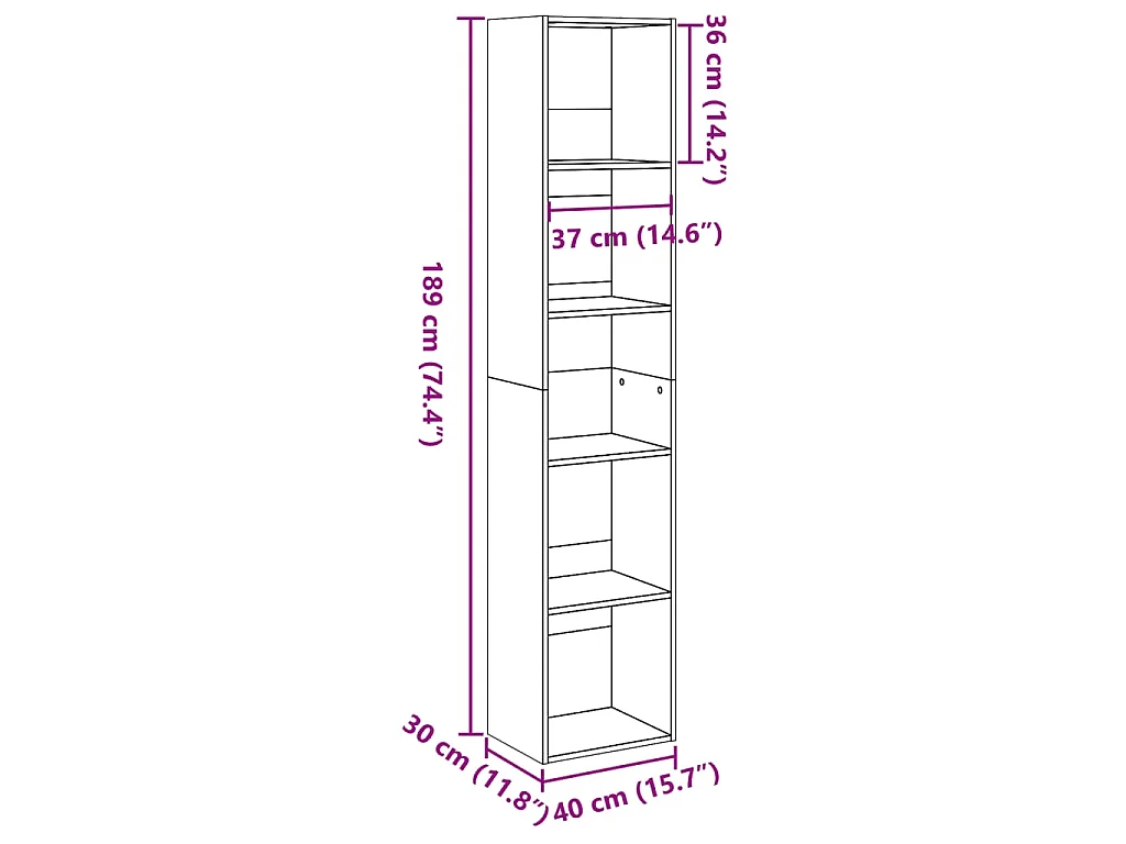 Bibliothèque sonoma gris 40x30x189 cm bois d'ingénierie