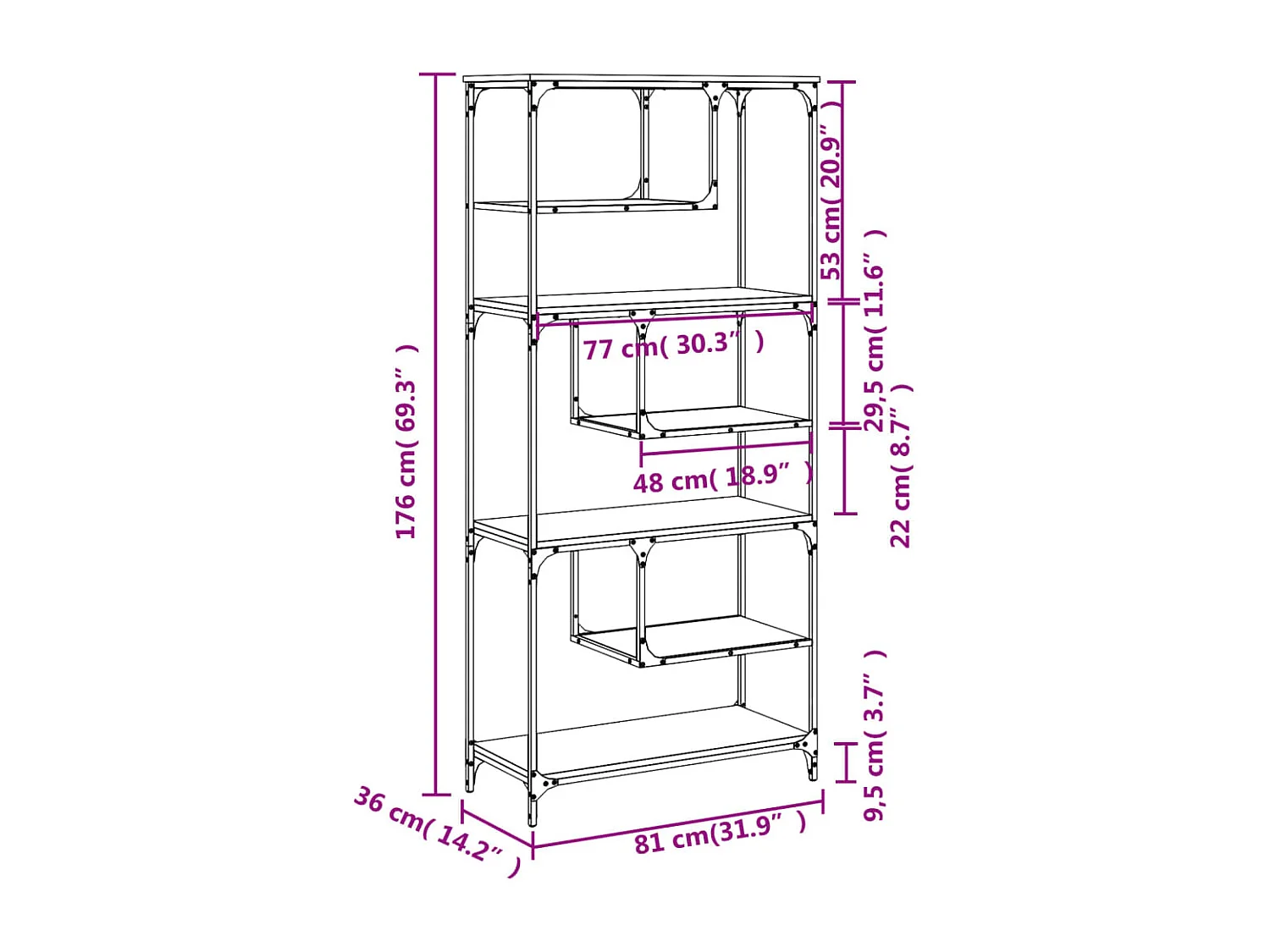 Boekenkast 81x36x176 cm bewerkt hout bruin eikenkleur