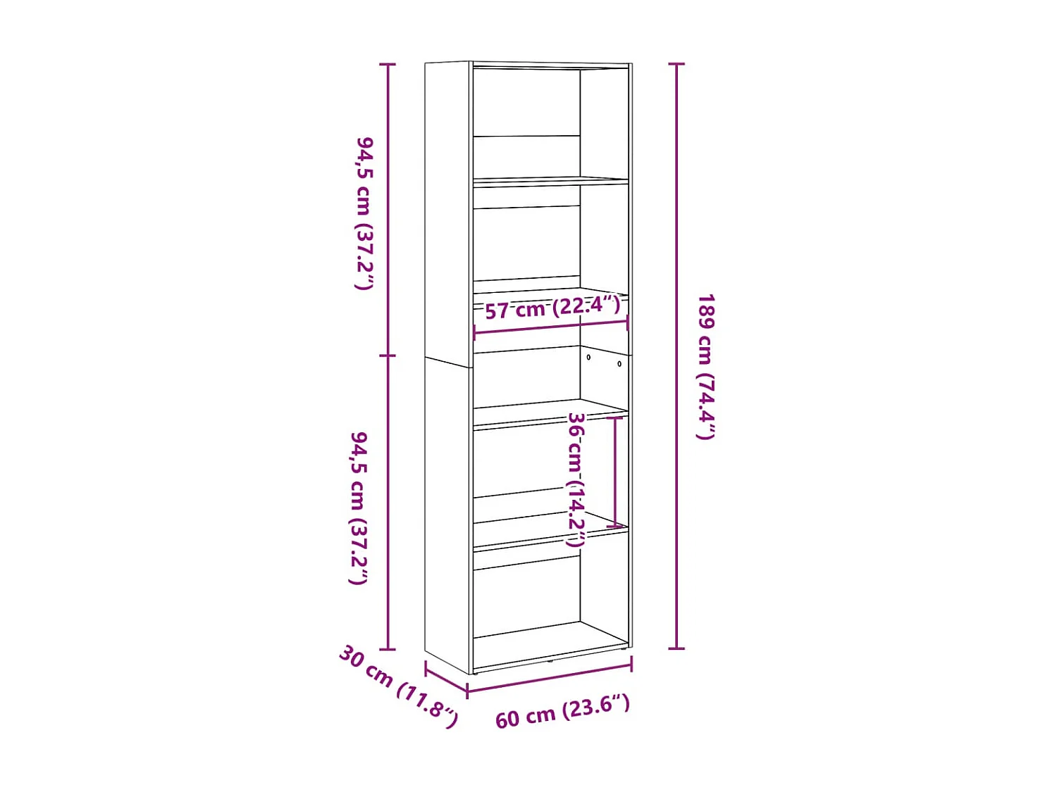 Libreria Legno Antico 60x30x189 cm in Legno Multistrato