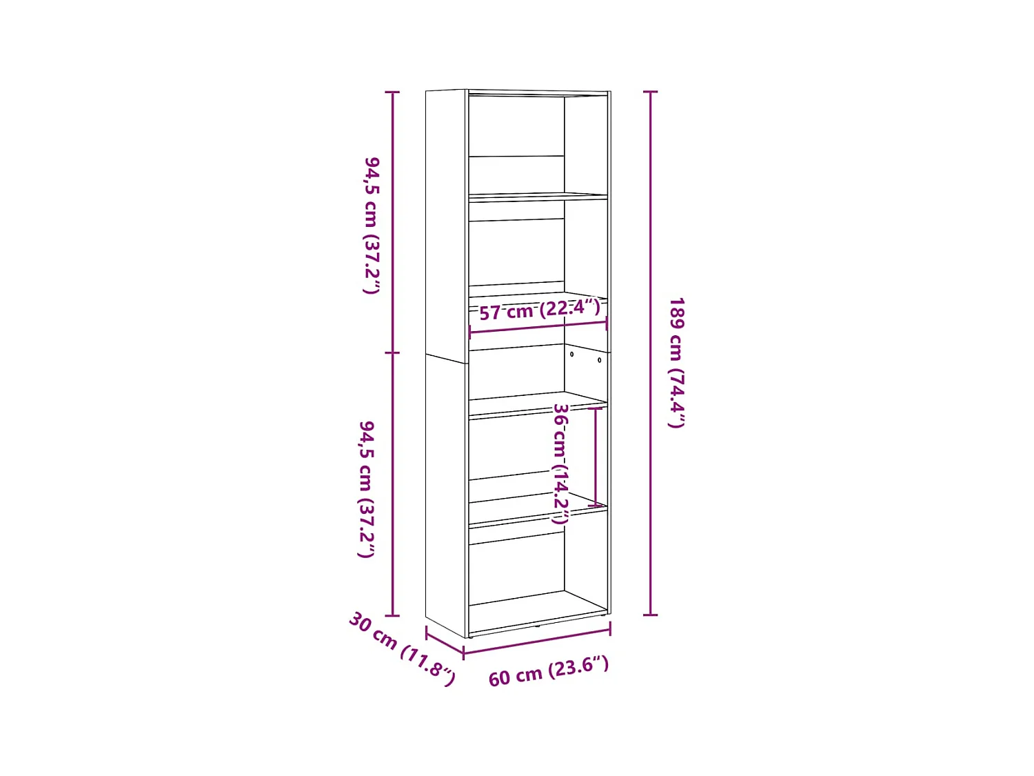 Libreria Grigio Cemento 60x30x189 cm in Legno Multistrato