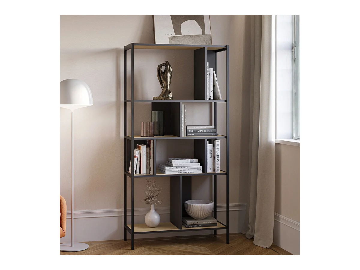 Bibliothèque 4 niveaux en métal noir et effet chêne 88 cm - Rita