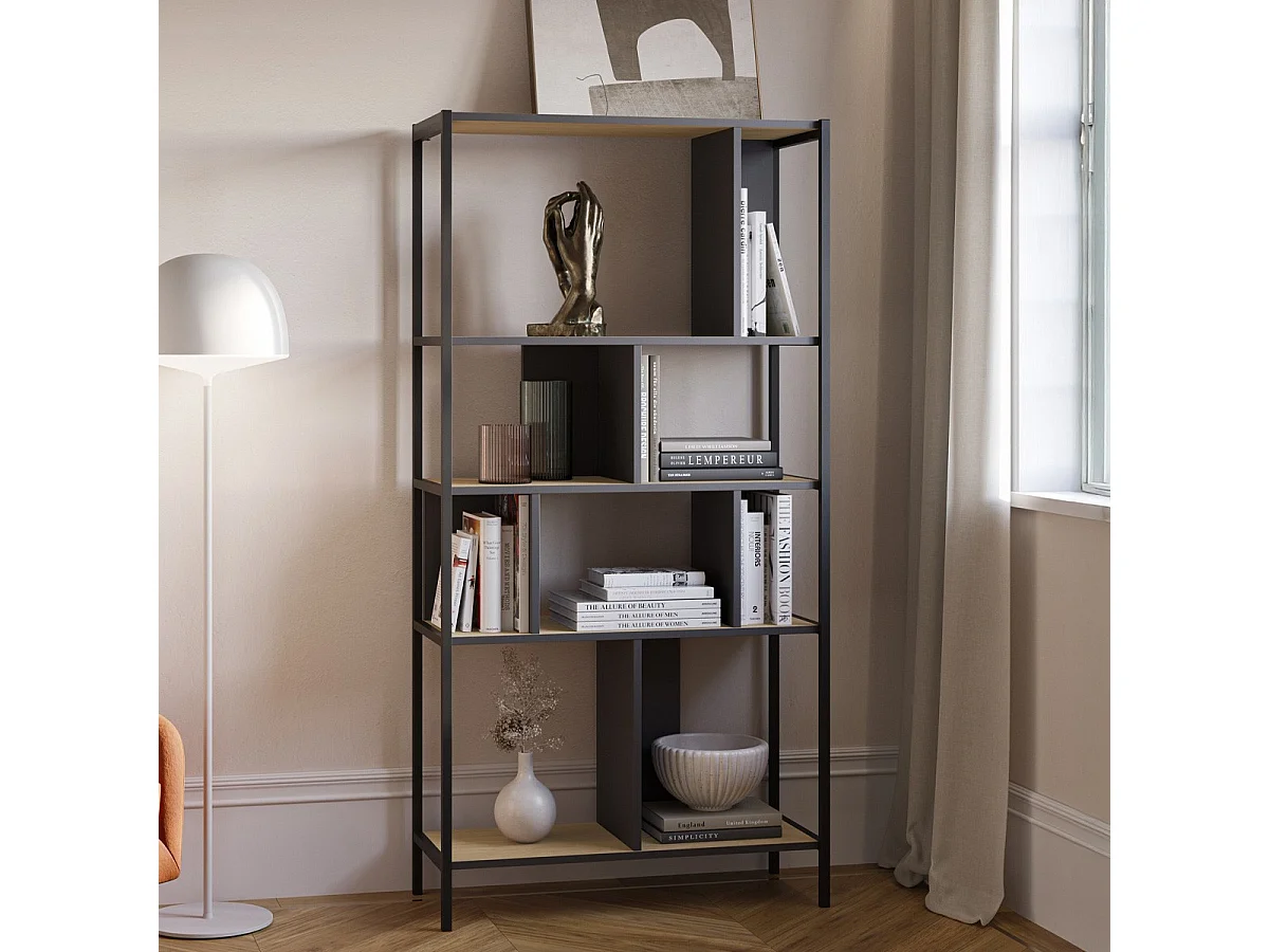 Bibliothèque 4 niveaux en métal noir et effet chêne 88 cm - Rita