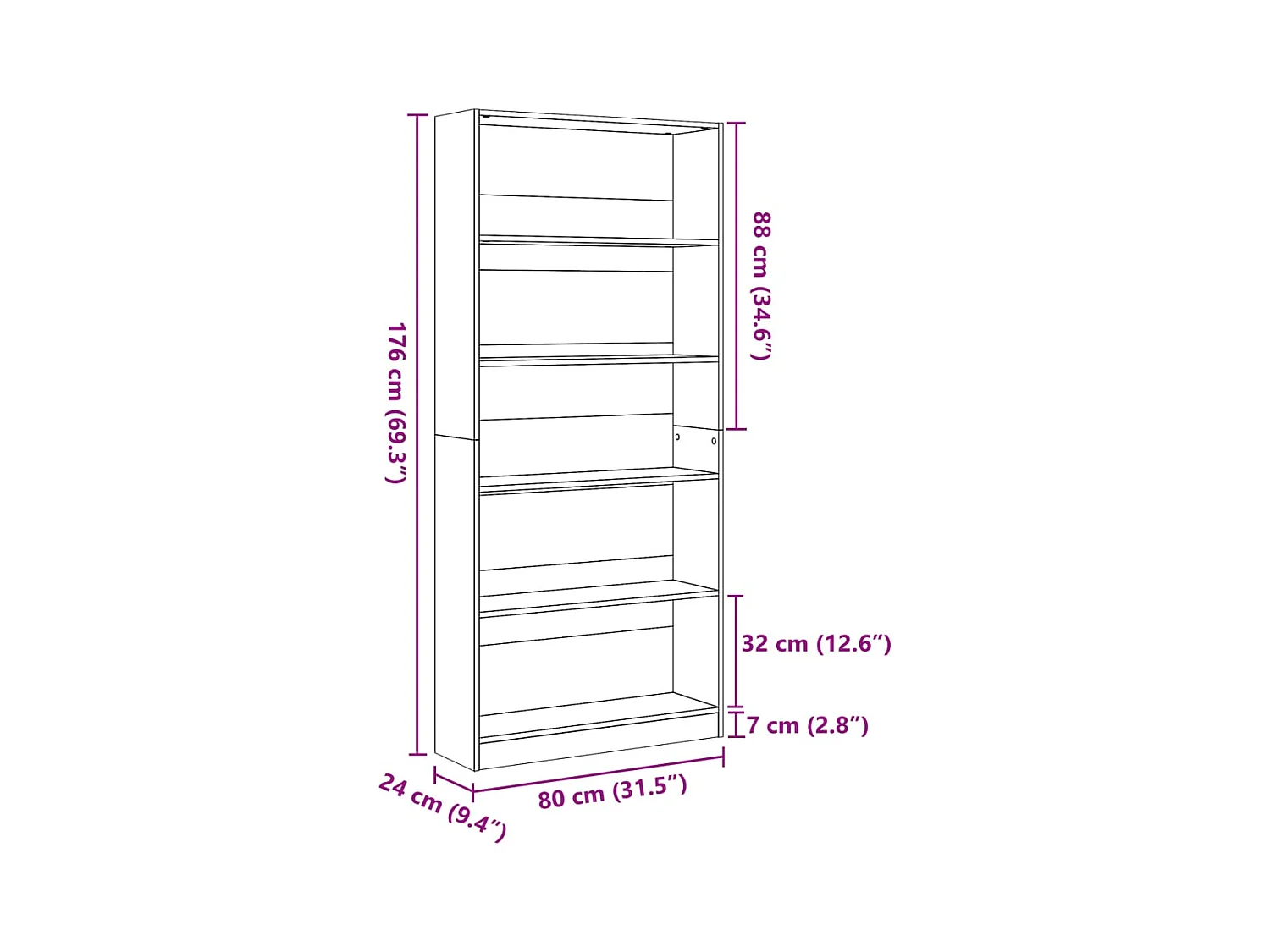 Libreria Legno Antico 80x24x176 cm in Legno Multistrato