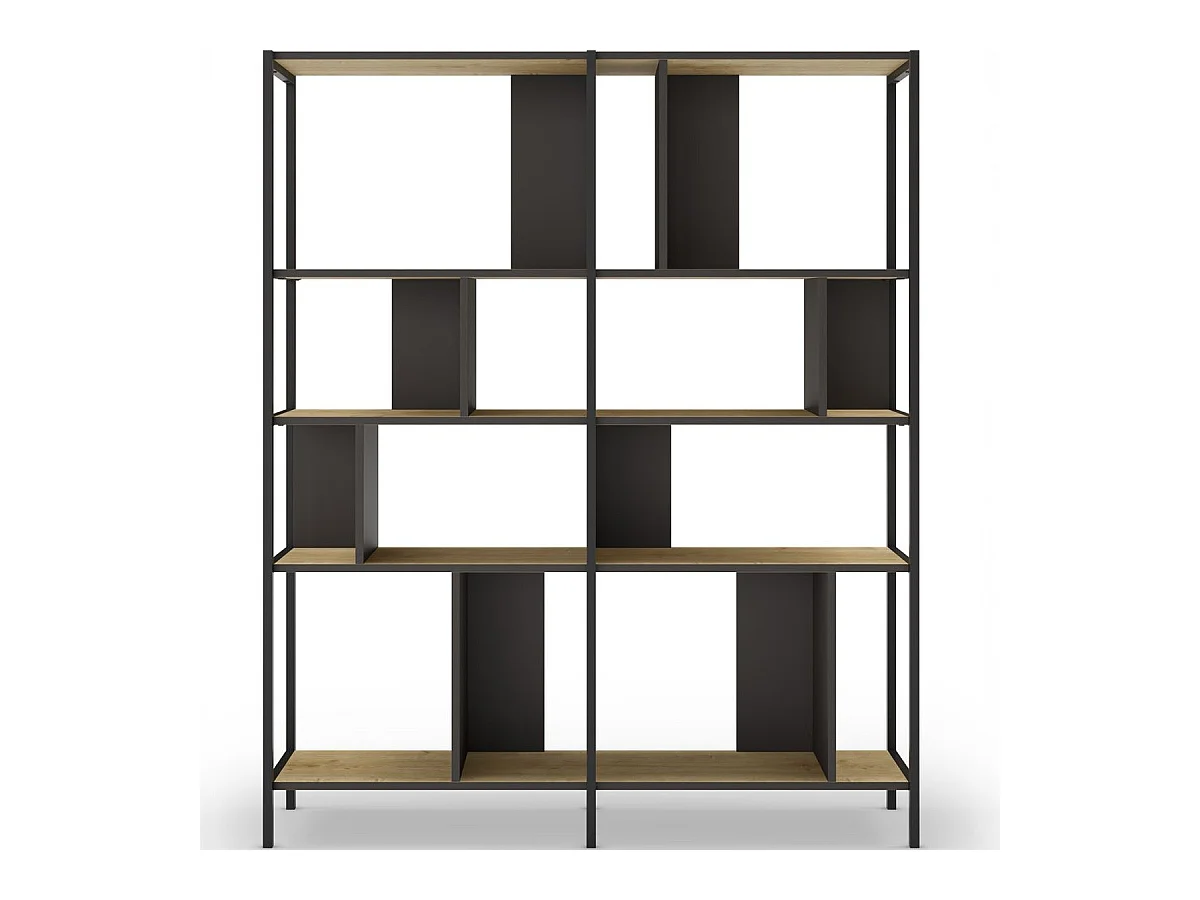 Bibliothèque 4 niveaux en métal noir et effet chêne 144 cm - Rita