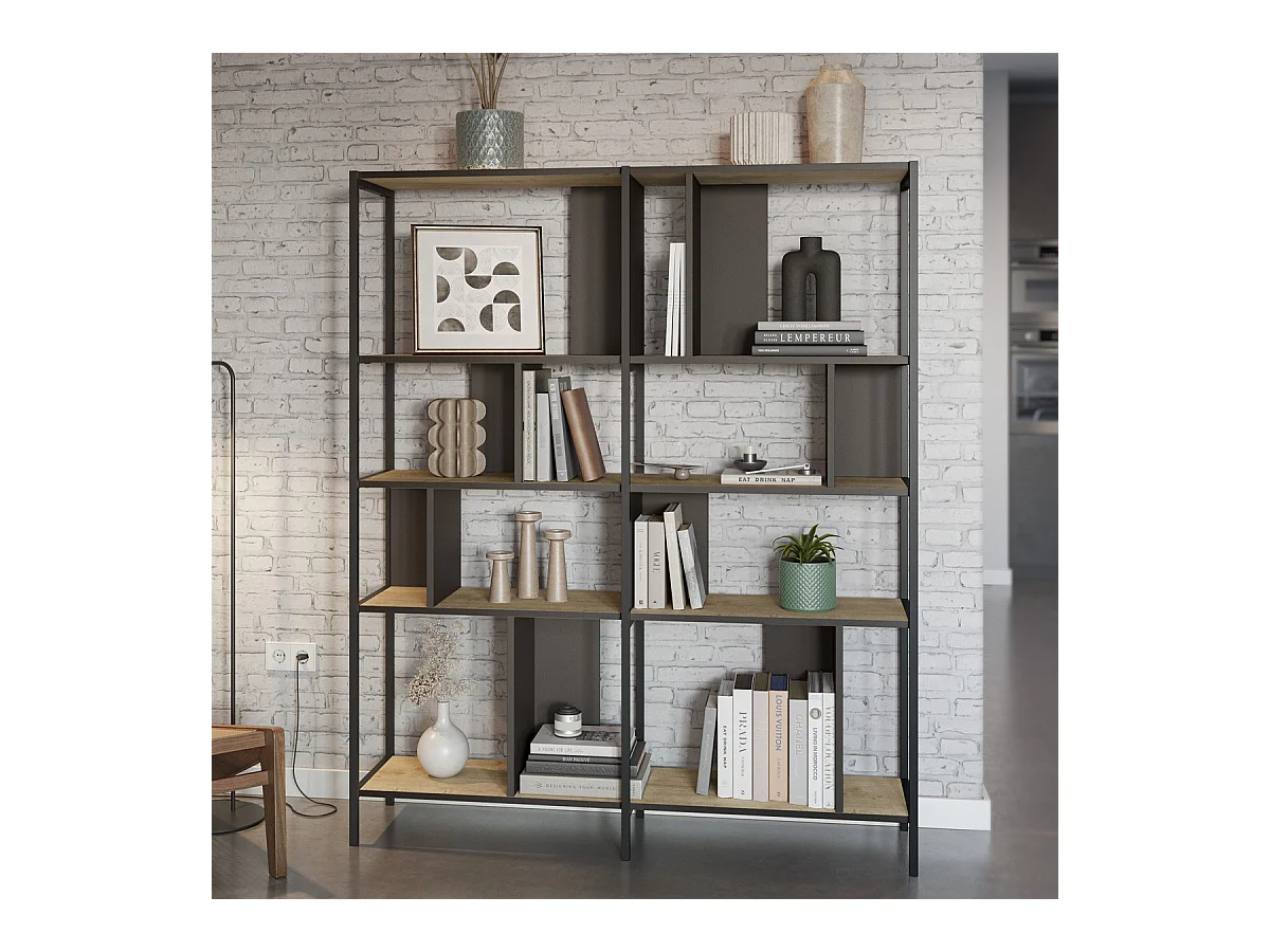 Bibliothèque 4 niveaux en métal noir et effet chêne 144 cm - Rita