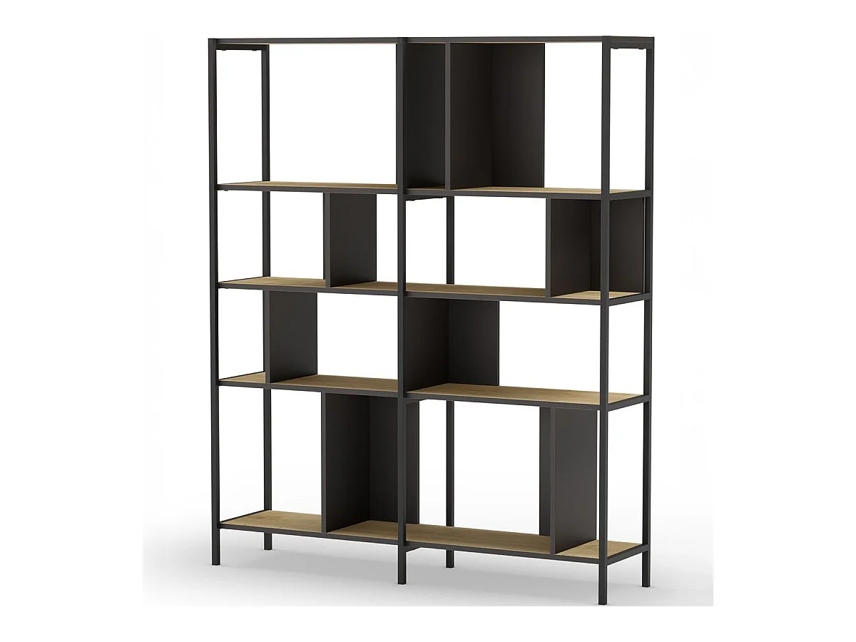 Bibliothèque 4 niveaux en métal noir et effet chêne 144 cm - Rita