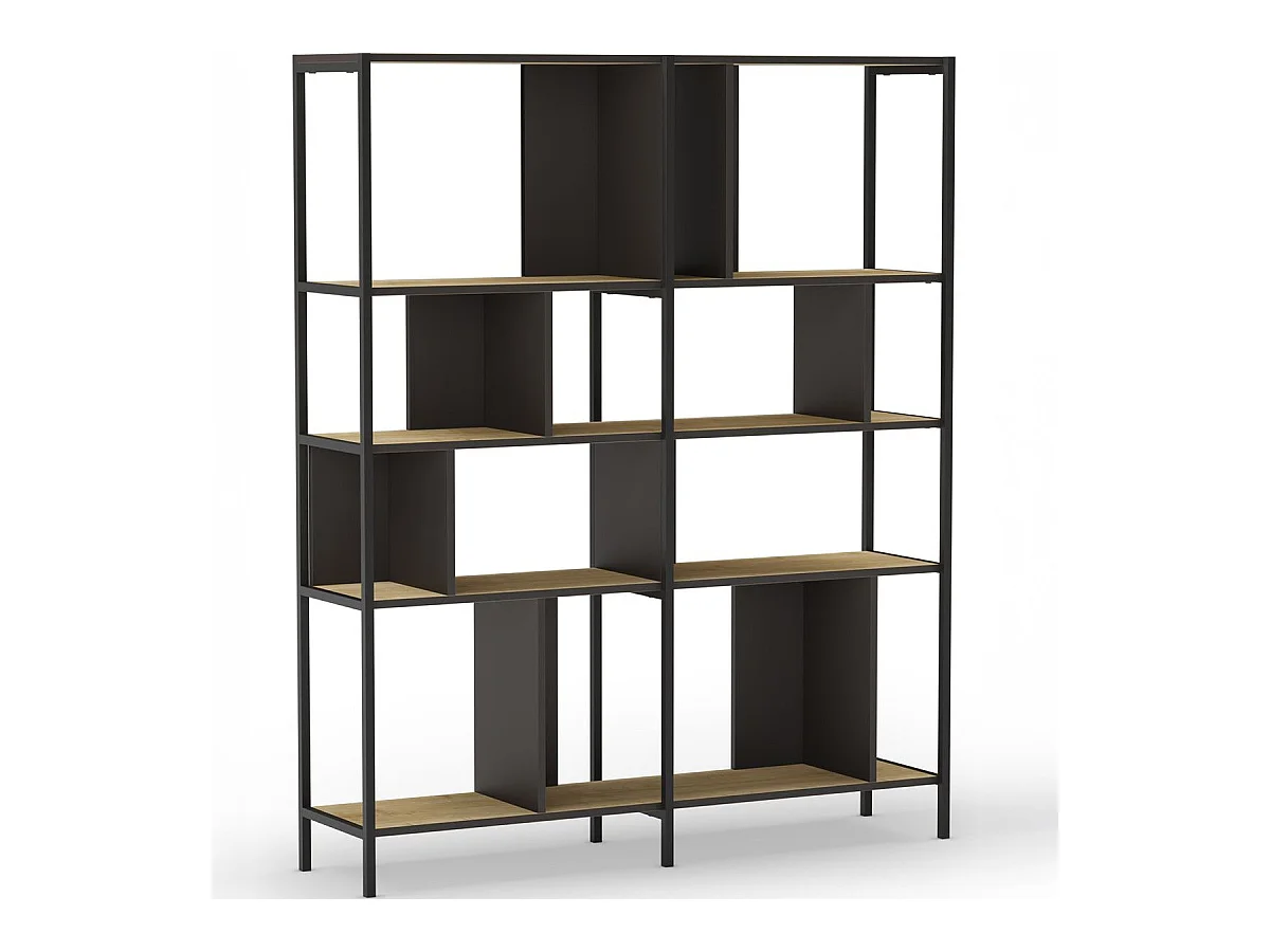 Bibliothèque 4 niveaux en métal noir et effet chêne 144 cm - Rita