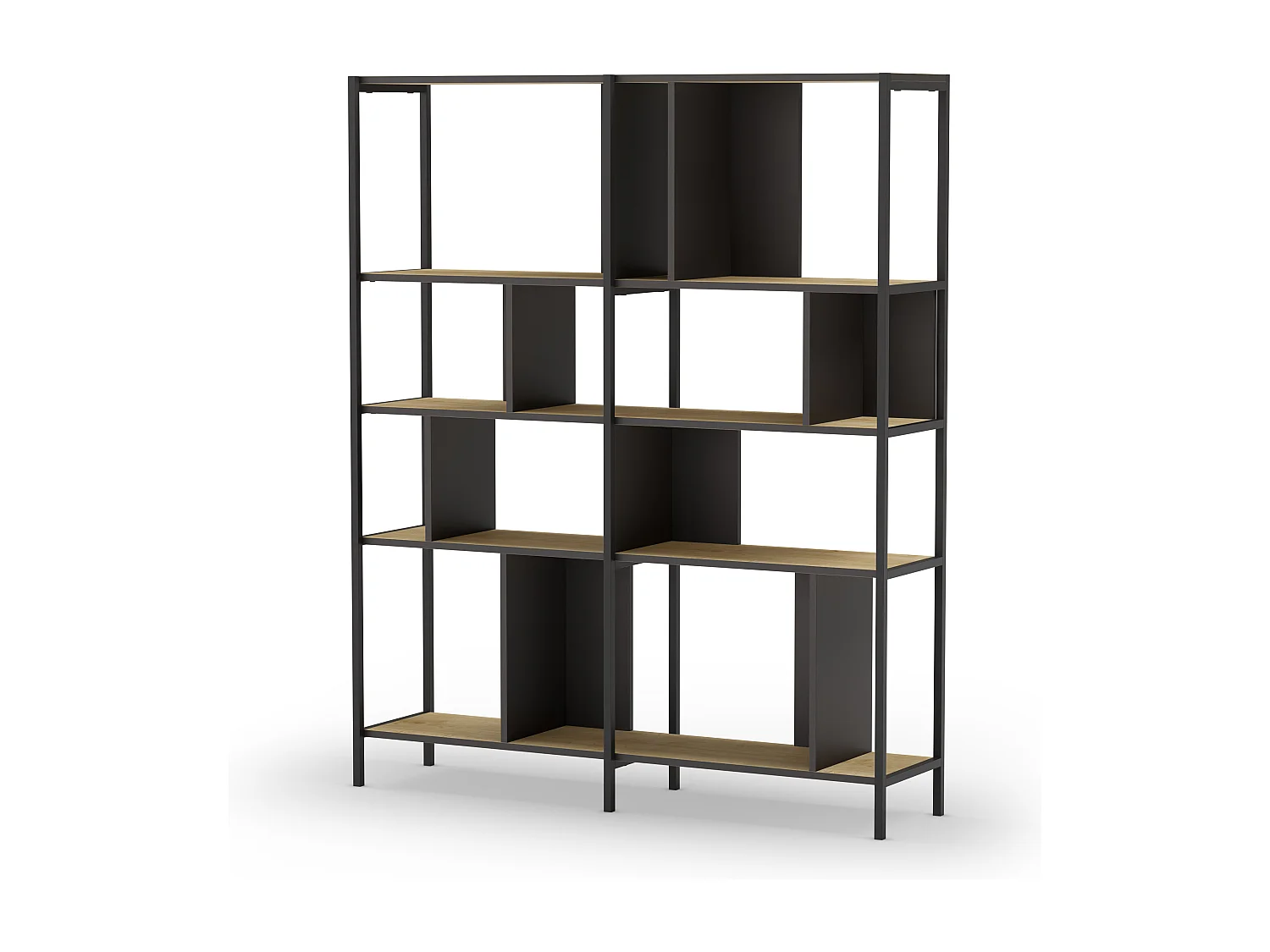 Bibliothèque 4 niveaux en métal noir et effet chêne 144 cm - Rita