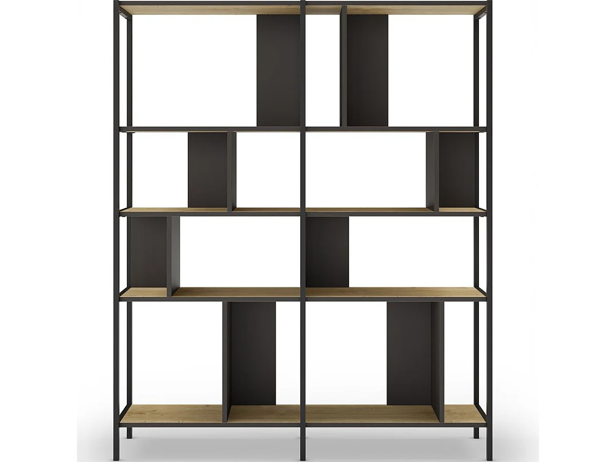 Bibliothèque 4 niveaux en métal noir et effet chêne 144 cm - Rita