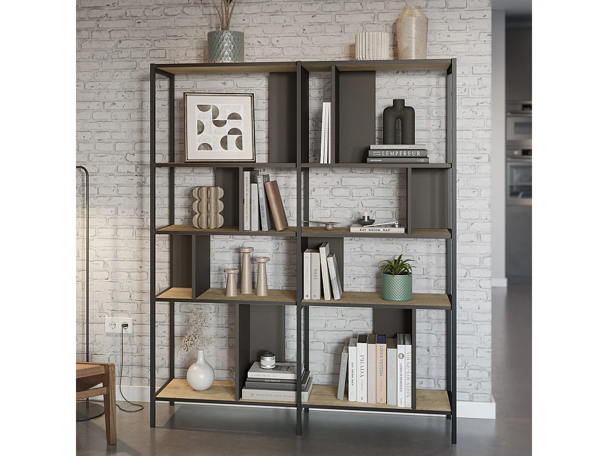 Bibliothèque 4 niveaux en métal noir et effet chêne 144 cm - Rita