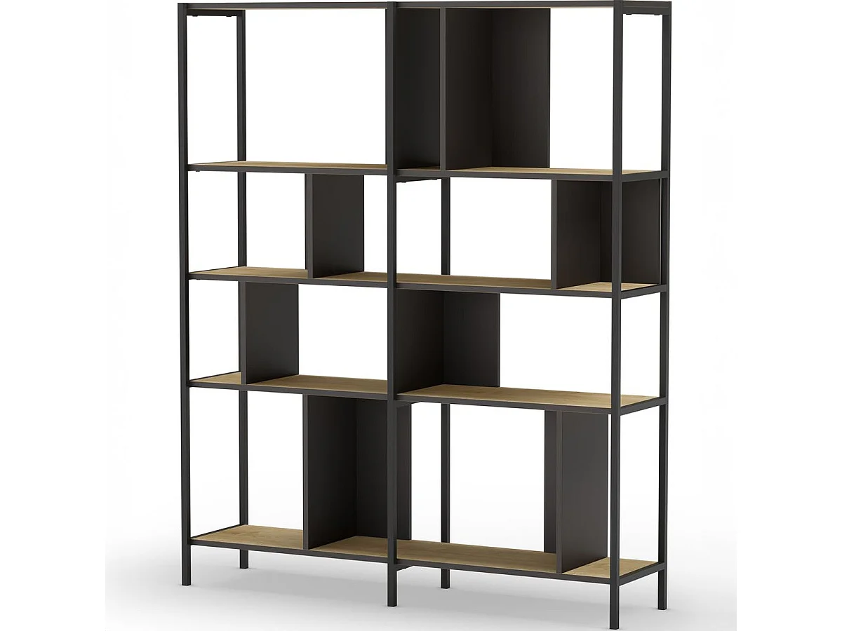 Bibliothèque 4 niveaux en métal noir et effet chêne 144 cm - Rita