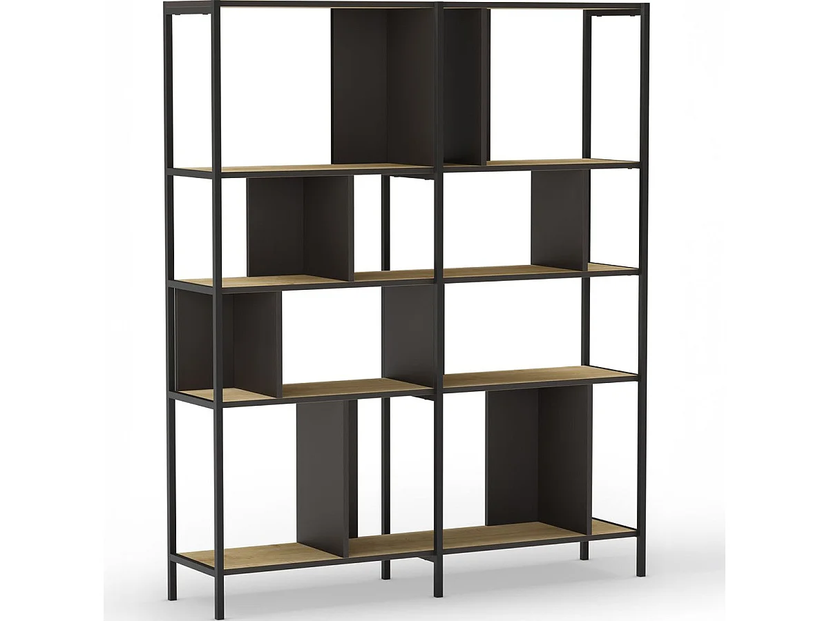 Bibliothèque 4 niveaux en métal noir et effet chêne 144 cm - Rita