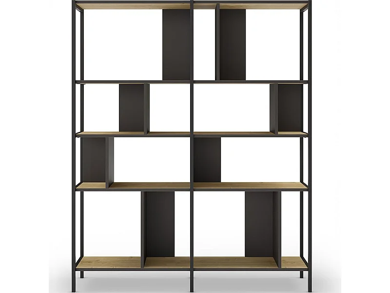 Bibliothèque 4 niveaux en métal noir et effet chêne 144 cm - Rita