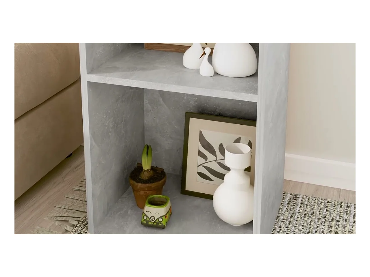 Bibliothèque à 2 niveaux gris béton bois d'ingénierie