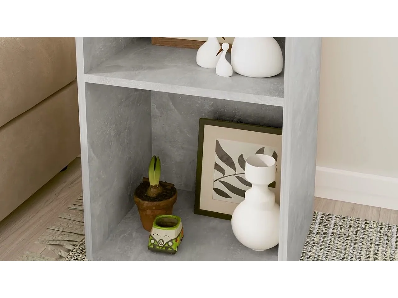 Bibliothèque à 2 niveaux gris béton bois d'ingénierie