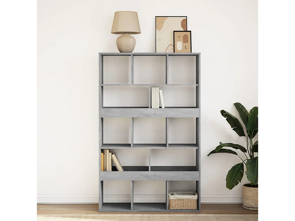 Betonowo-szara biblioteczka z 13 przegródkami z drewna inżynieryjnego 100x33x156,5 cm, czysty i wszechstronny design