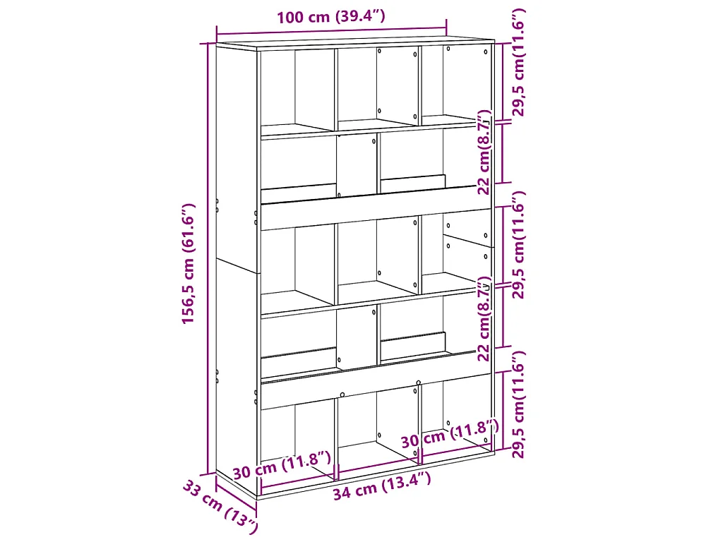 Betonowo-szara biblioteczka z 13 przegródkami z drewna inżynieryjnego 100x33x156,5 cm, czysty i wszechstronny design