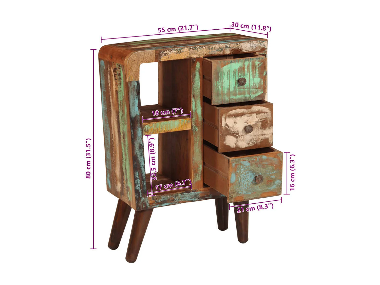 Buffet 55x30x80 cm bois massif de récupération