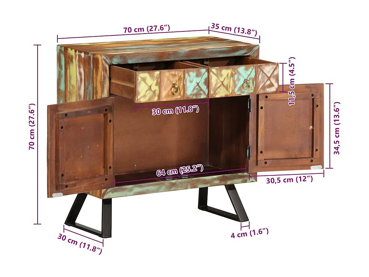 Armário gavetas 70x35x70 cm madeira recuperada maciça multicor