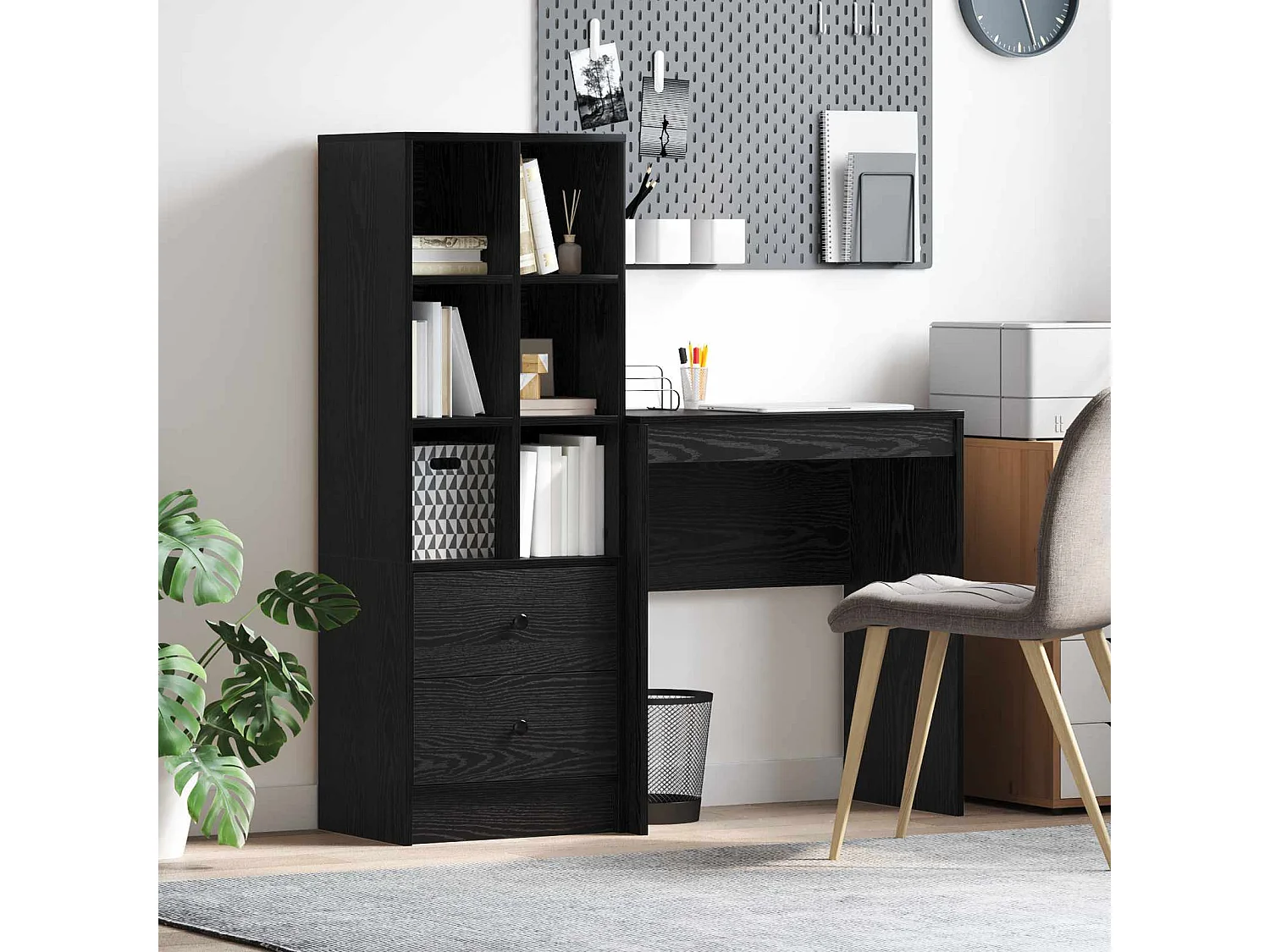 Bureau avec tiroir avec étagère avec stockage 2 pcs Chêne noir