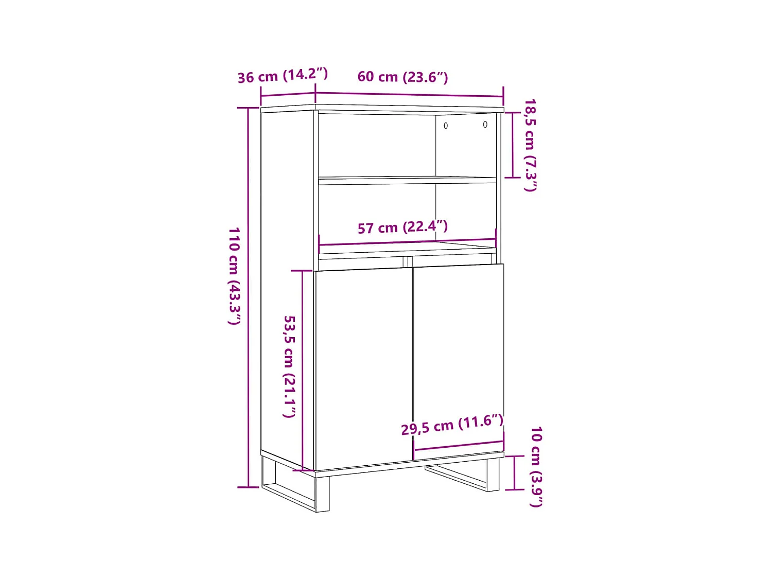 Buffet haut vieux bois 60x36x110 cm bois d'ingénierie