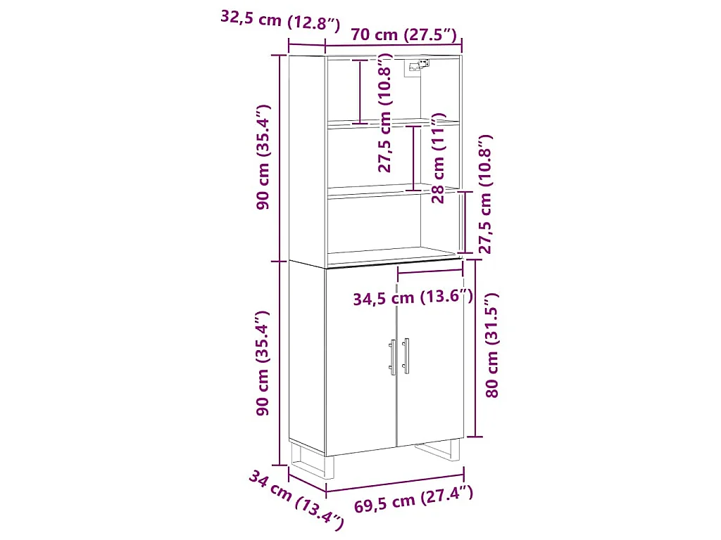 Haut Armoire 2 pc Chêne noir 69,5 x 34 x 180 cm