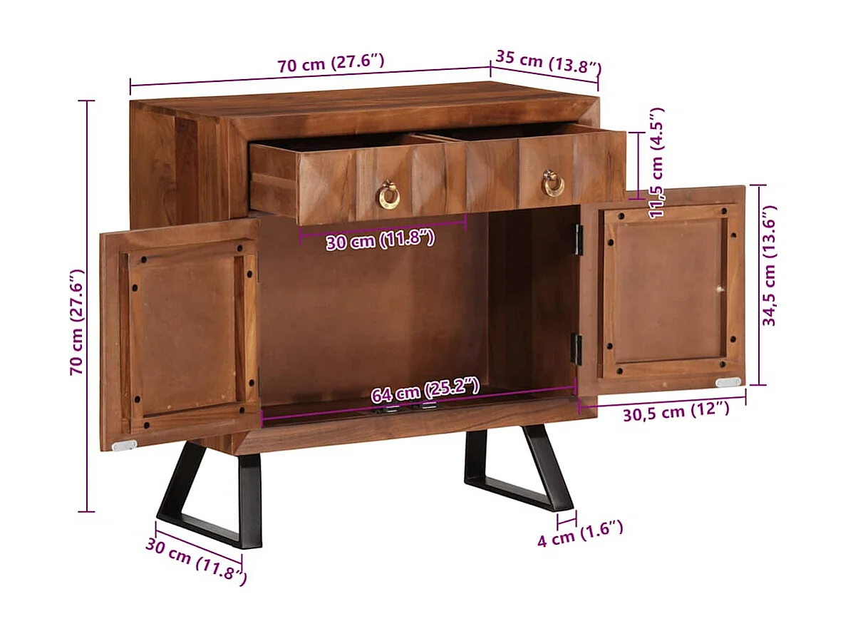 Cassettiera Marrone ambra 70x35x70 cm in Legno Massello Acacia