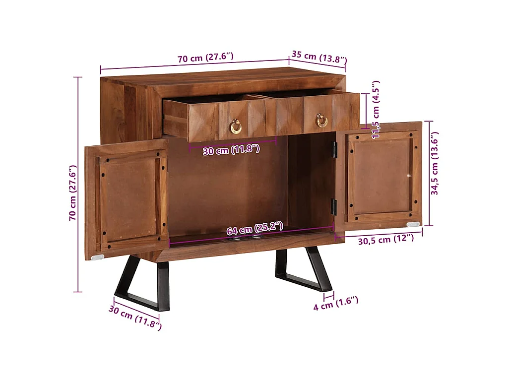 Cassettiera Marrone ambra 70x35x70 cm in Legno Massello Acacia