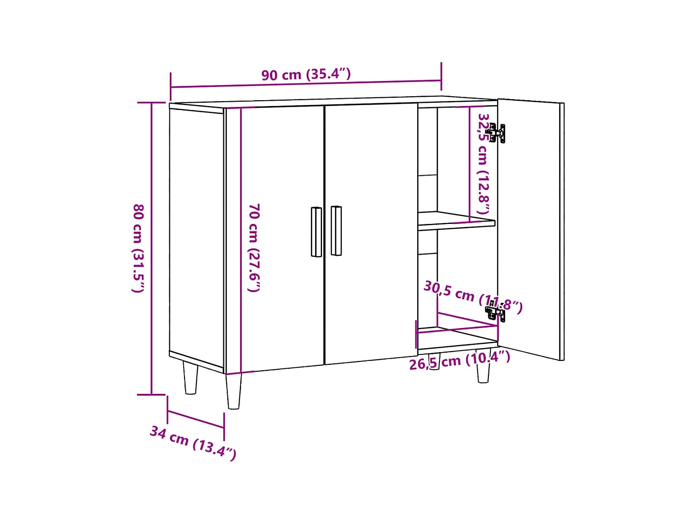 Dressoir 90x34x80 cm bewerkt hout artisanaal eikenkleur