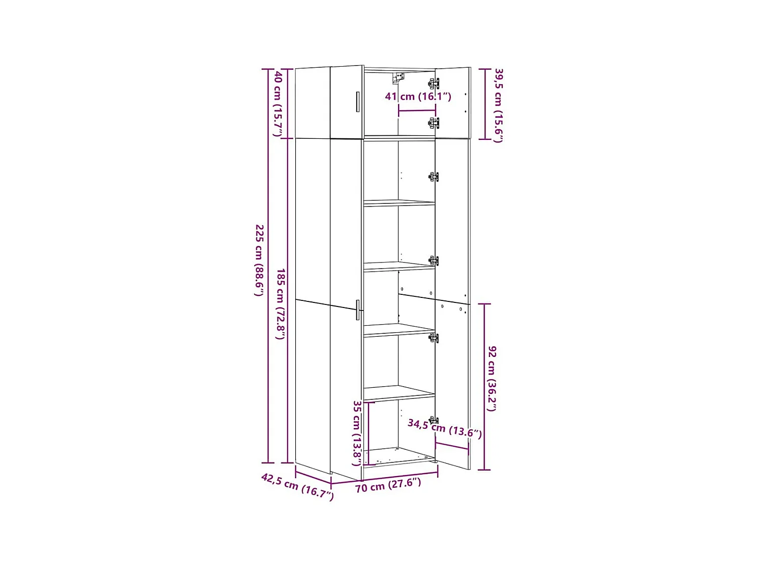 Armoire de rangement chêne artisanal 70 x 42,5 x 225 cm