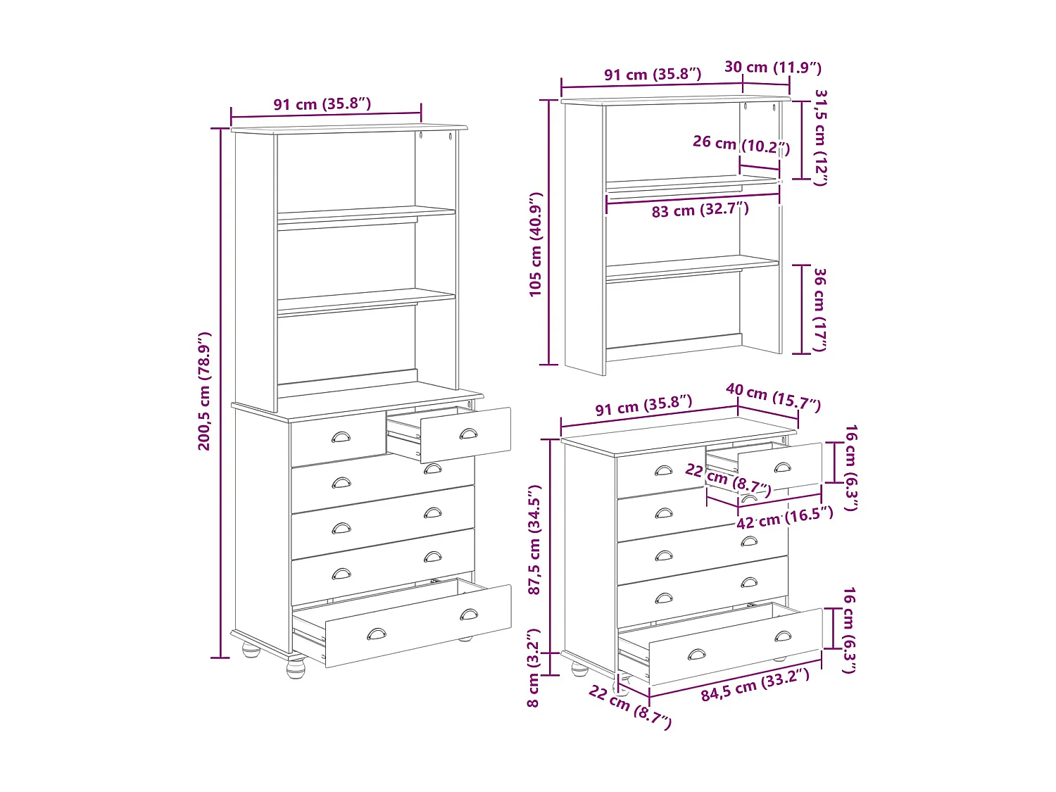 Hutch ASKIM Cire de Miel 91 x 40 x 200,5 cm Bois de pin massif