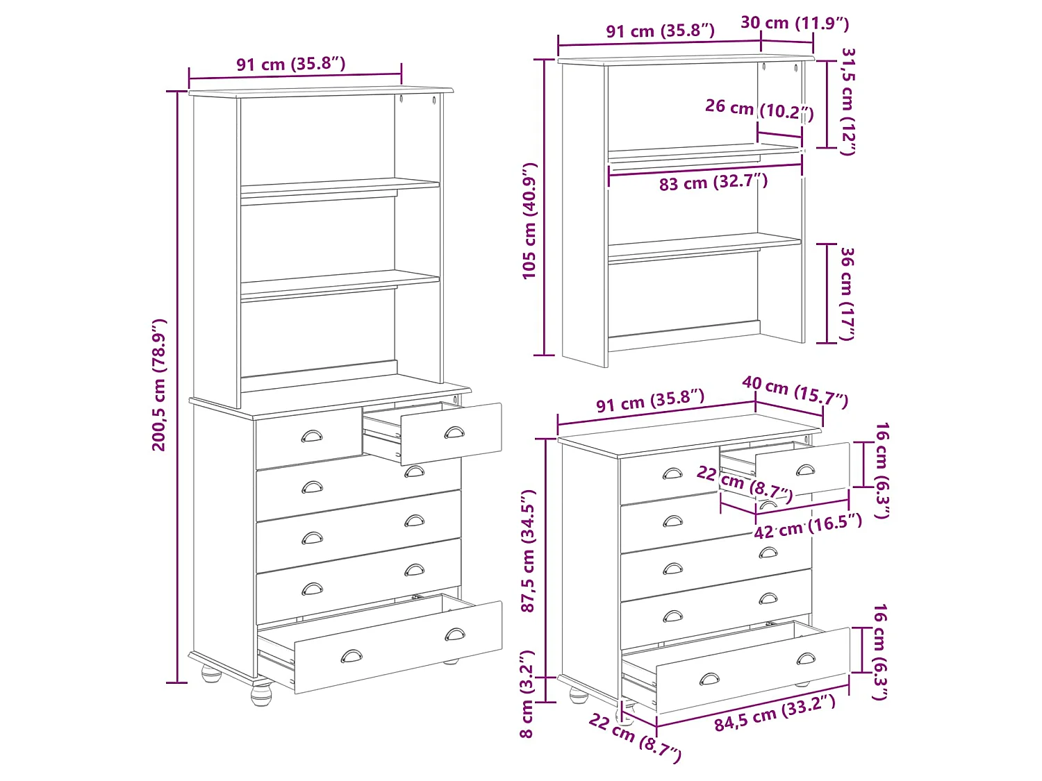 Hutch ASKIM Cire de Miel 91 x 40 x 200,5 cm Bois de pin massif