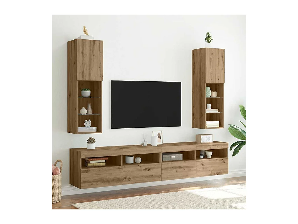 Móveis de TV c/ luzes LED 2pcs 30,5x30x102cm carvalho artisiano