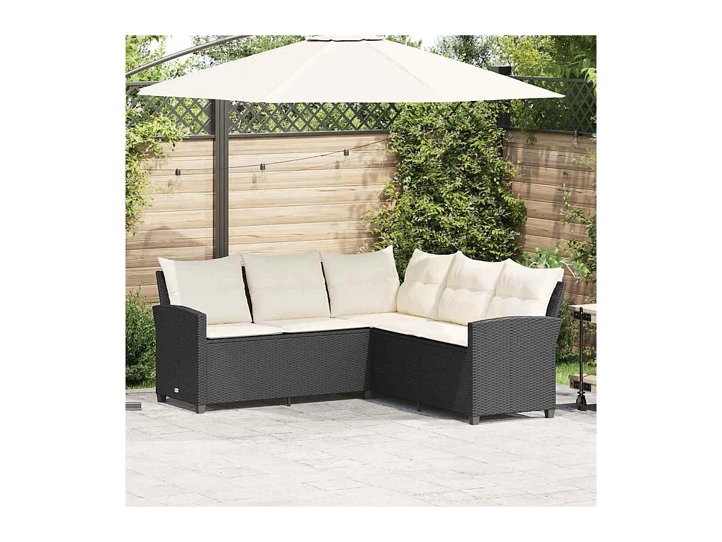 Loungebank met kussens L-vormig poly rattan zwart