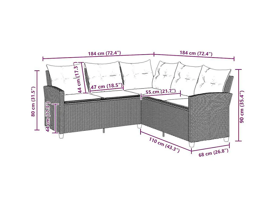 Loungebank met kussens L-vormig poly rattan zwart